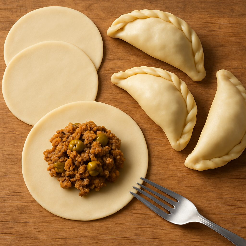 Manos formando empanadas doblando tapas rellenas sobre una superficie limpia, cerrando los bordes con repulgue tradicional argentino.