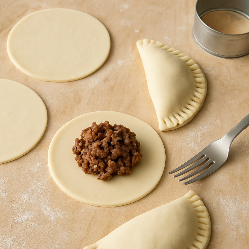 "Proceso de armado de pasteles de carne brasileños, con discos de masa rellenos de carne molida y bordes sellados con un tenedor sobre superficie enharinada."
