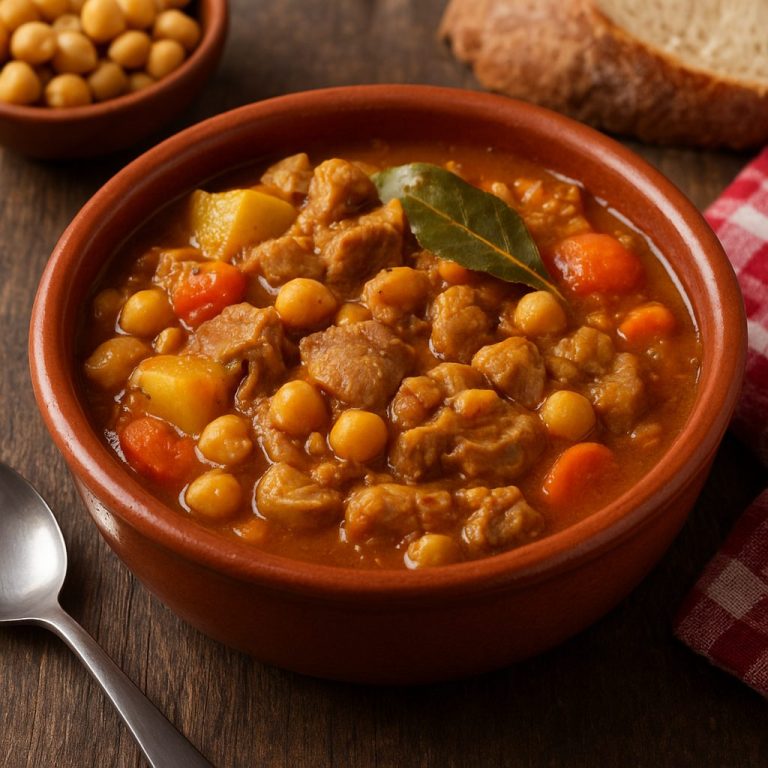 "Plato de buseca criolla argentina servido en cazuela de barro con mondongo, garbanzos, papas y zanahorias en un caldo espeso y sabroso."