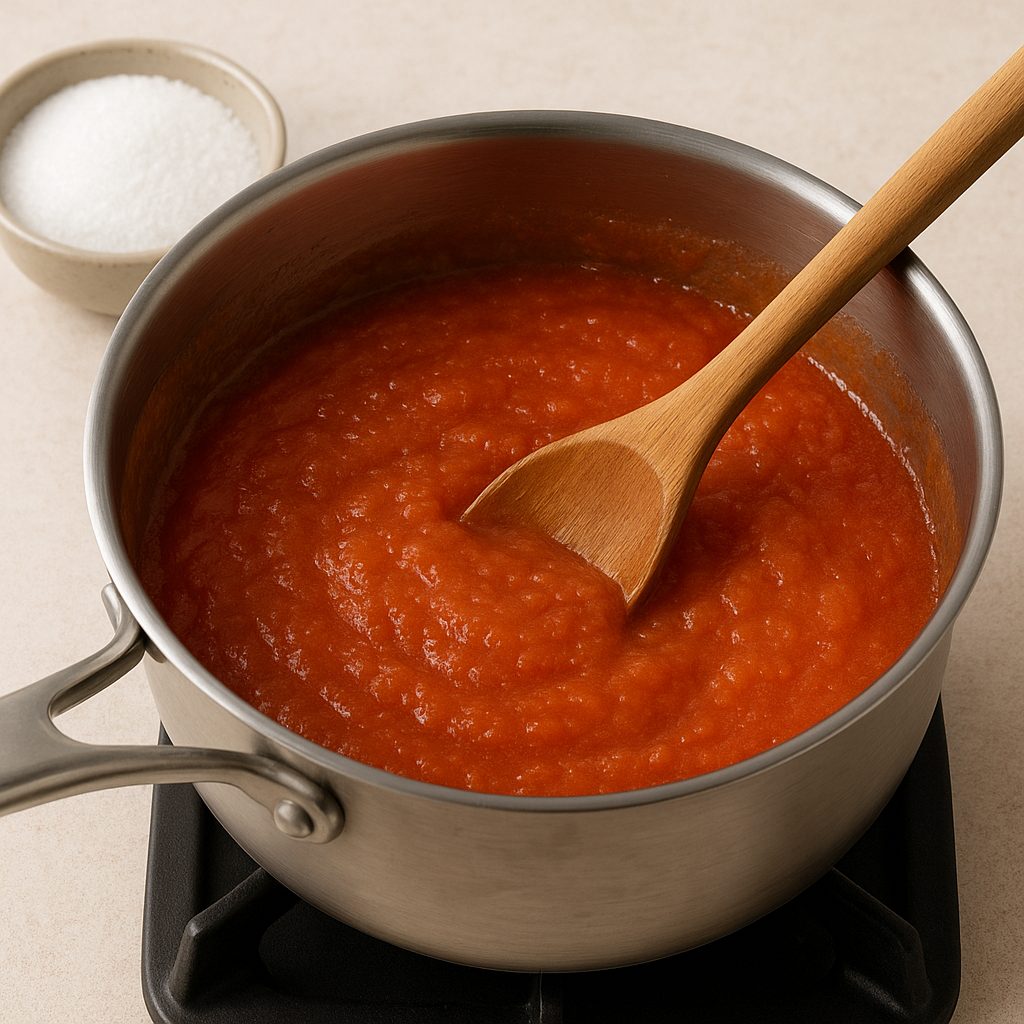 Olla con puré de membrillo cocinándose con azúcar y revolviendo con cuchara de madera