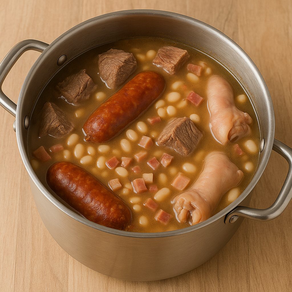 Olla grande con maíz, porotos, carne de falda, panceta, chorizos y patitas de cerdo cocinándose en caldo para la base del locro.