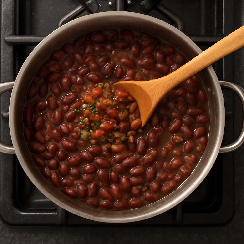 "Olla con frijoles cocinándose en agua con condimentos, mostrando burbujas suaves mientras se cuecen."