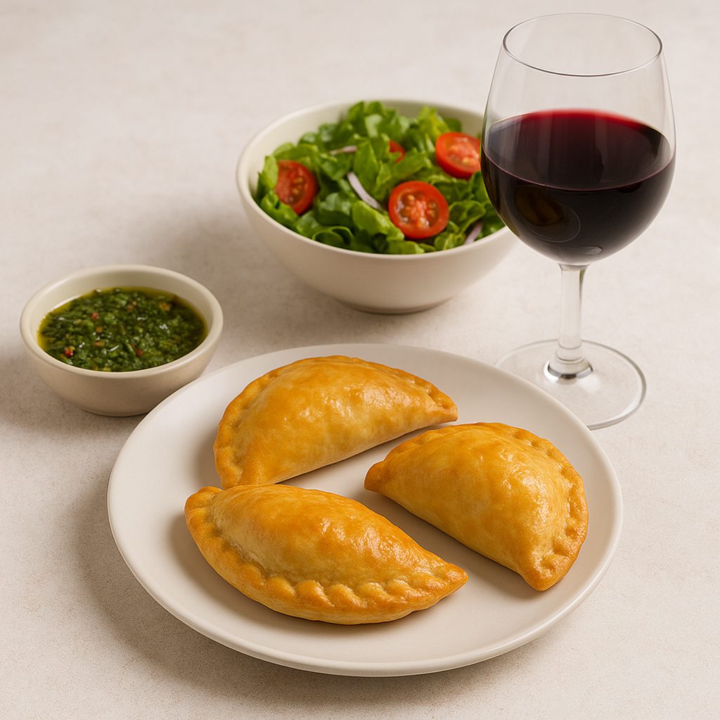 "Empanadas tucumanas servidas en un plato con salsa criolla, ensalada fresca y una copa de vino tinto."