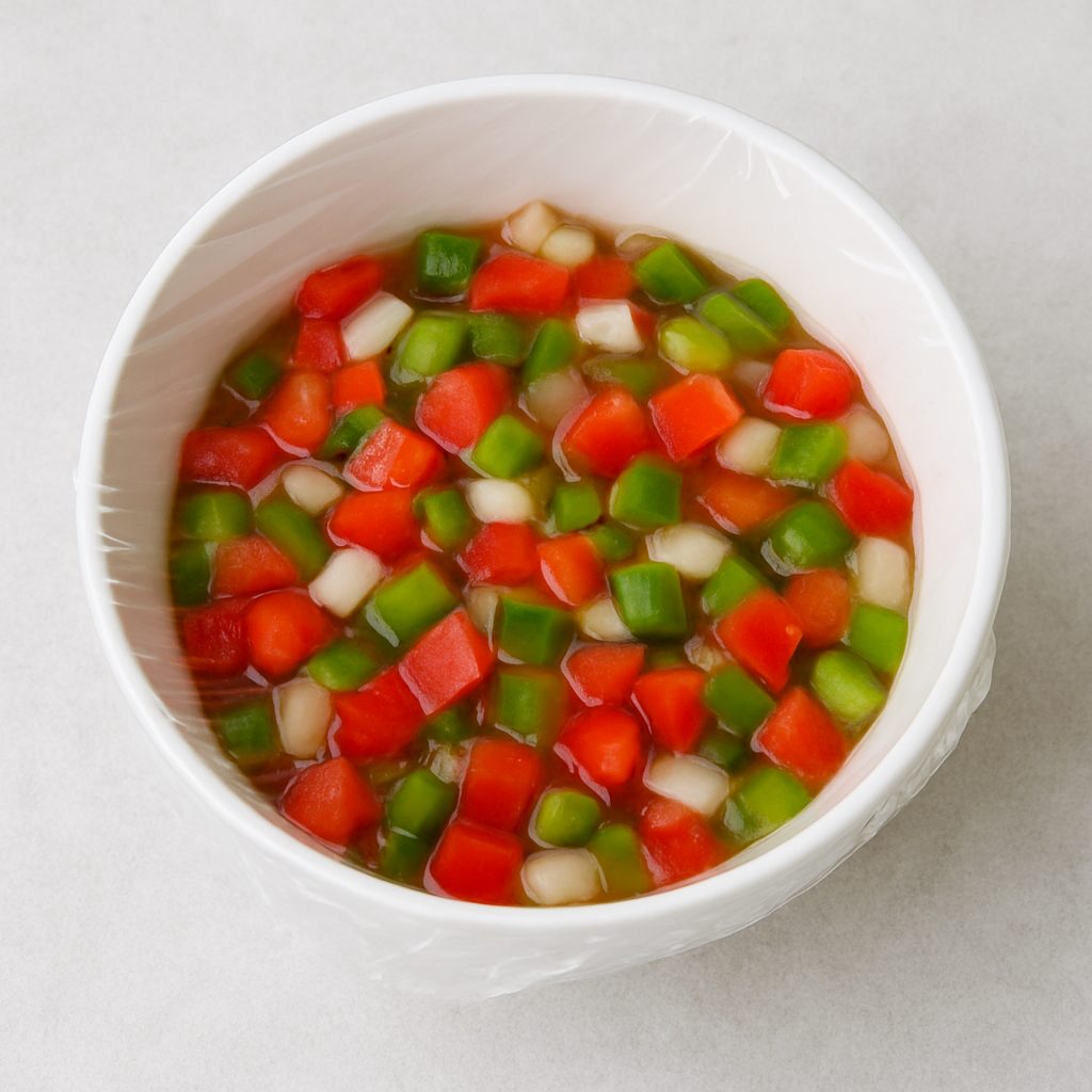 Bol de salsa criolla cubierta con film transparente, reposando sobre una superficie gris antes de ser llevada a la heladera para intensificar sus sabores.