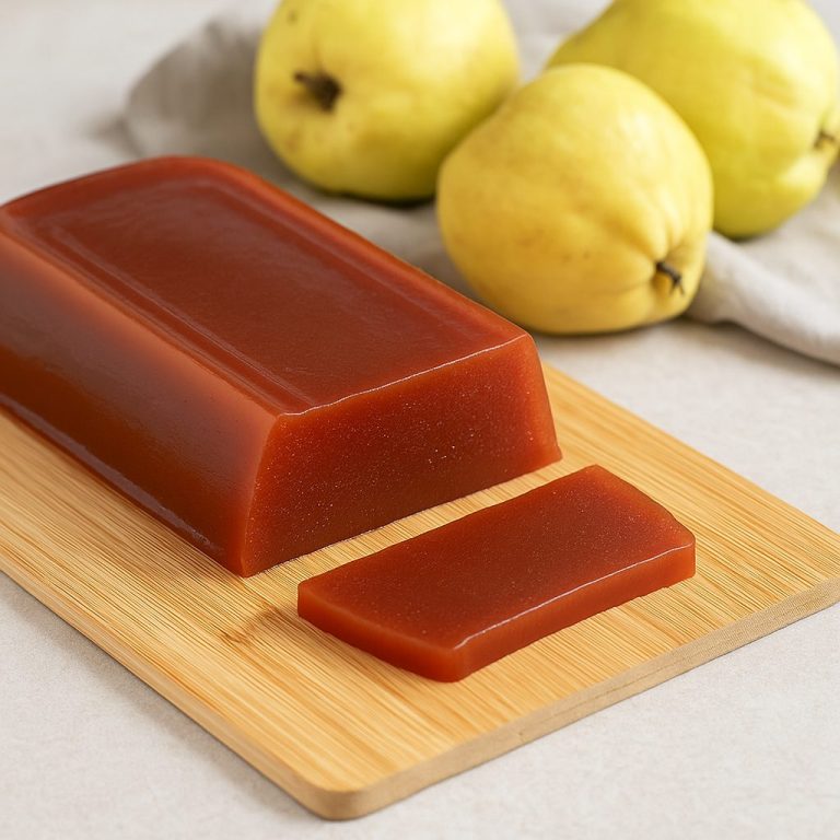 Bloque de dulce de membrillo casero, de color rojo brillante y textura firme, listo para servir en la mesa.