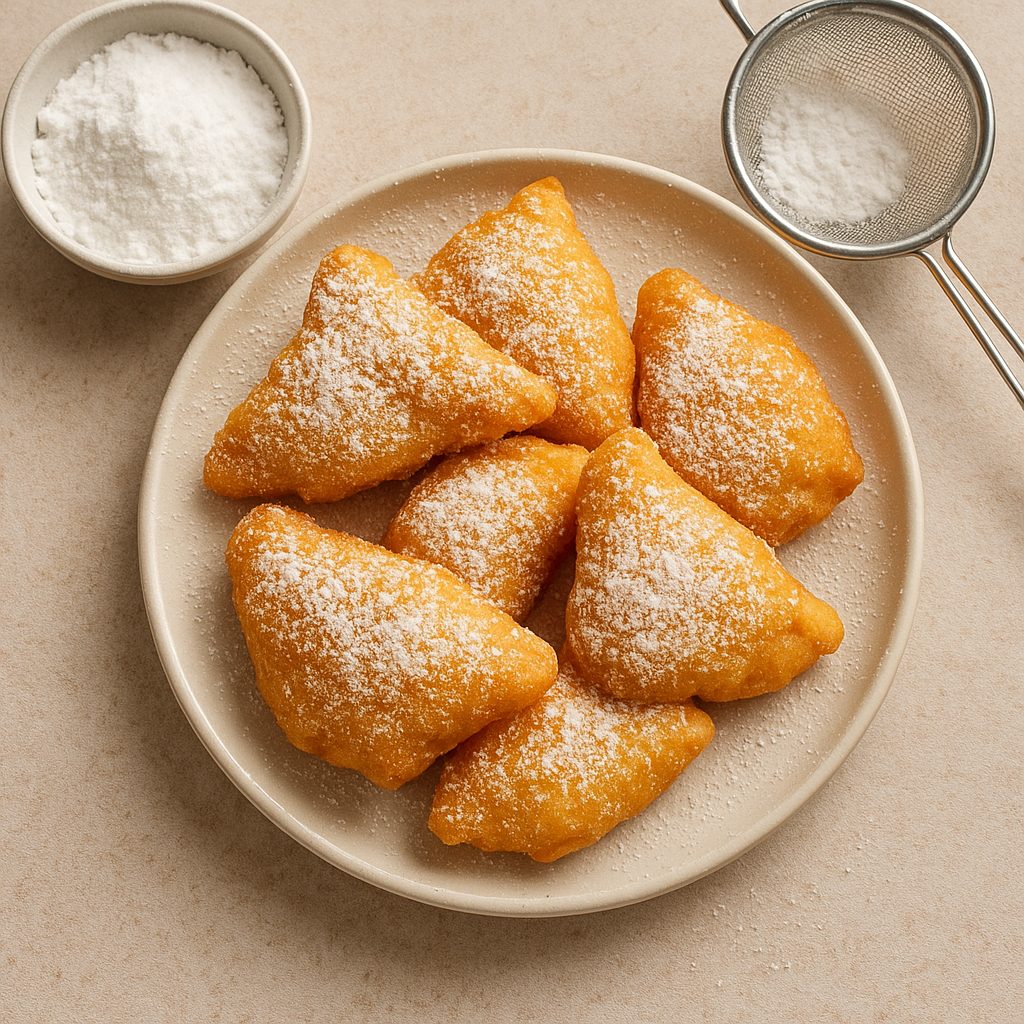 "Calzones rotos chilenos recién fritos servidos en un plato, espolvoreados con azúcar flor"