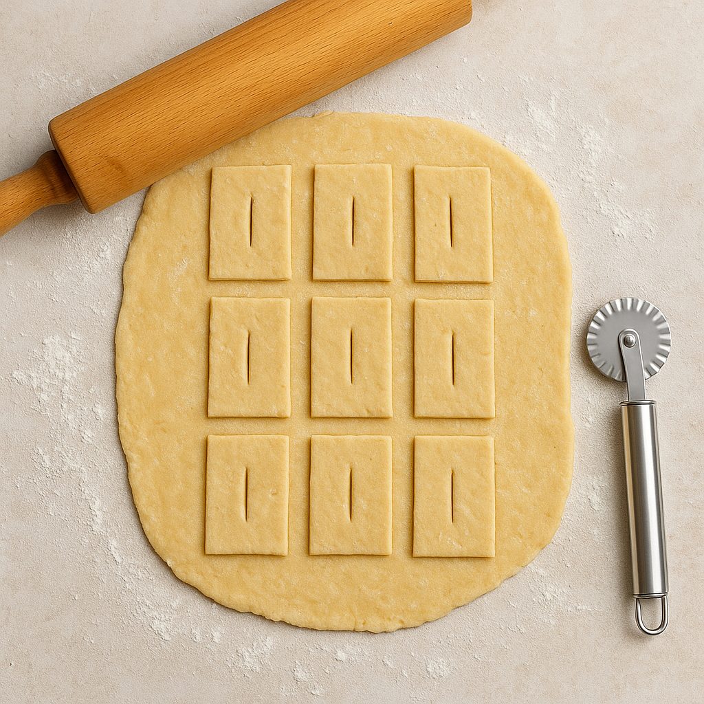 "Masa estirada sobre una superficie enharinada, cortada en rectángulos con un rodillo y un cortador de masa listos para darles forma."