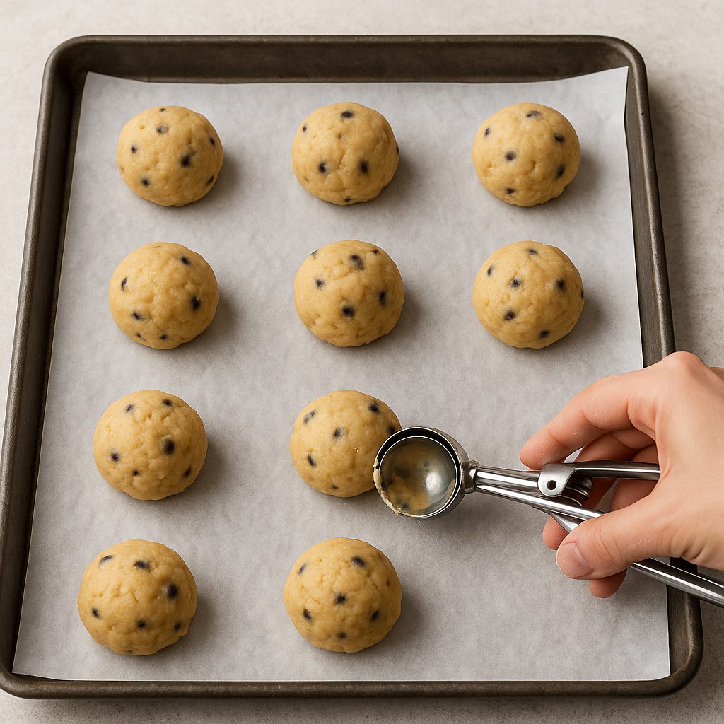 "Manos formando pequeñas bolitas de masa sobre una superficie ligeramente enharinada."
