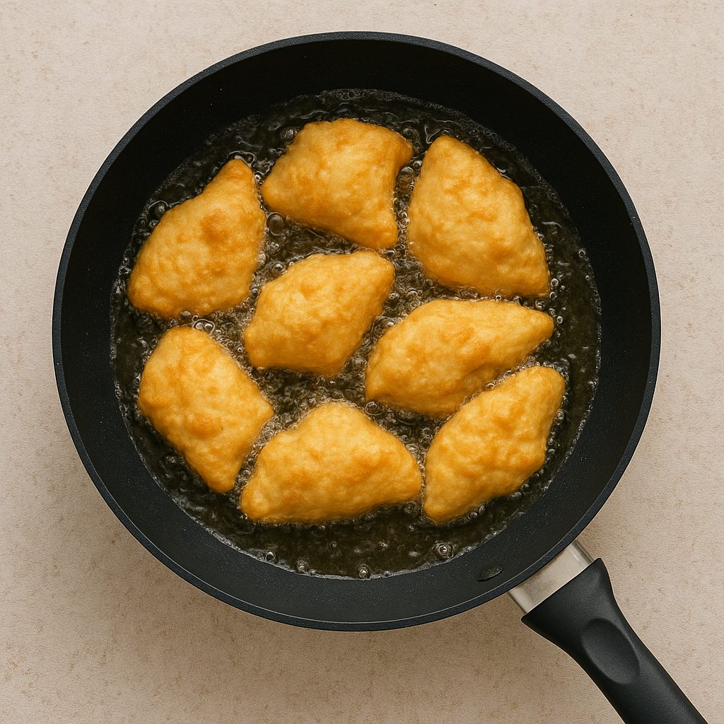 "Calzones rotos chilenos friéndose en aceite caliente dentro de una sartén hasta dorarse"