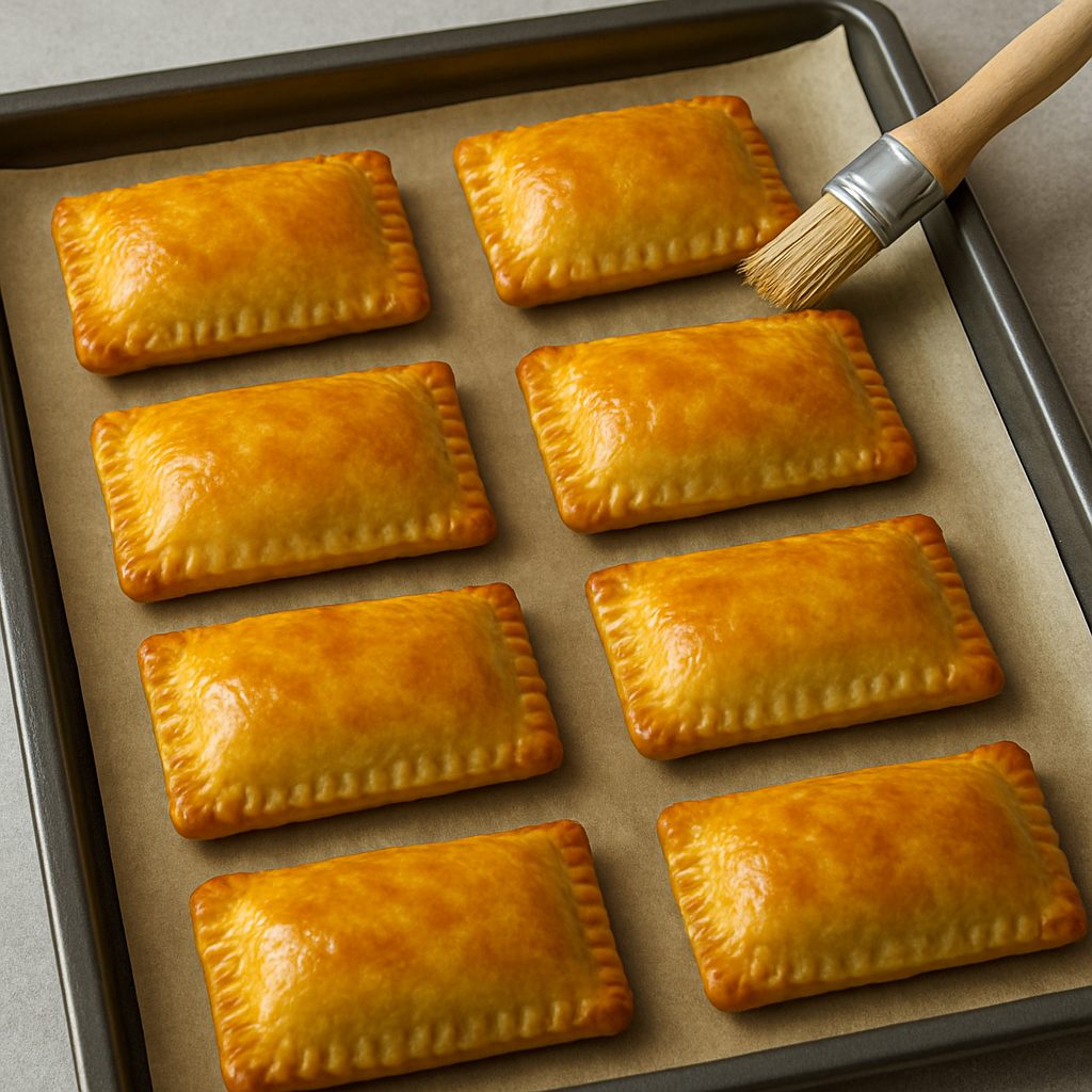 asteles de carne brasileños dorados recién horneados sobre una bandeja con papel manteca.