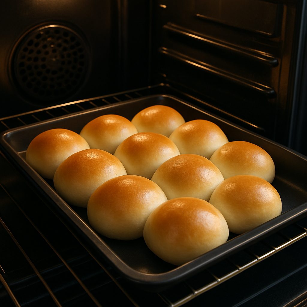 "Bandeja con bolitas de masa dentro del horno, horneándose hasta que estén doradas y esponjosas."