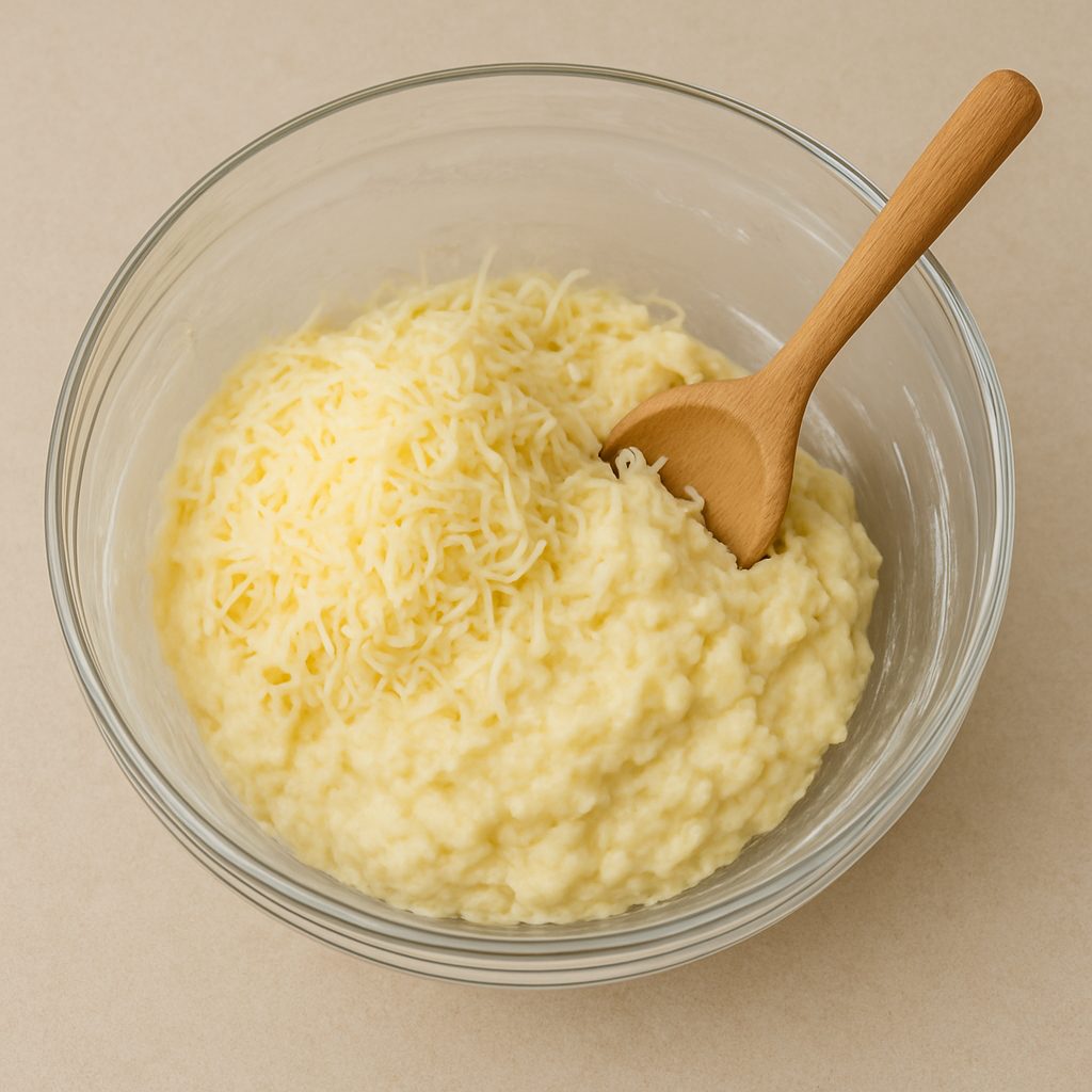 Bol de vidrio con masa pegajosa y queso rallado por encima, mezclado con cuchara de madera sobre una superficie clara.