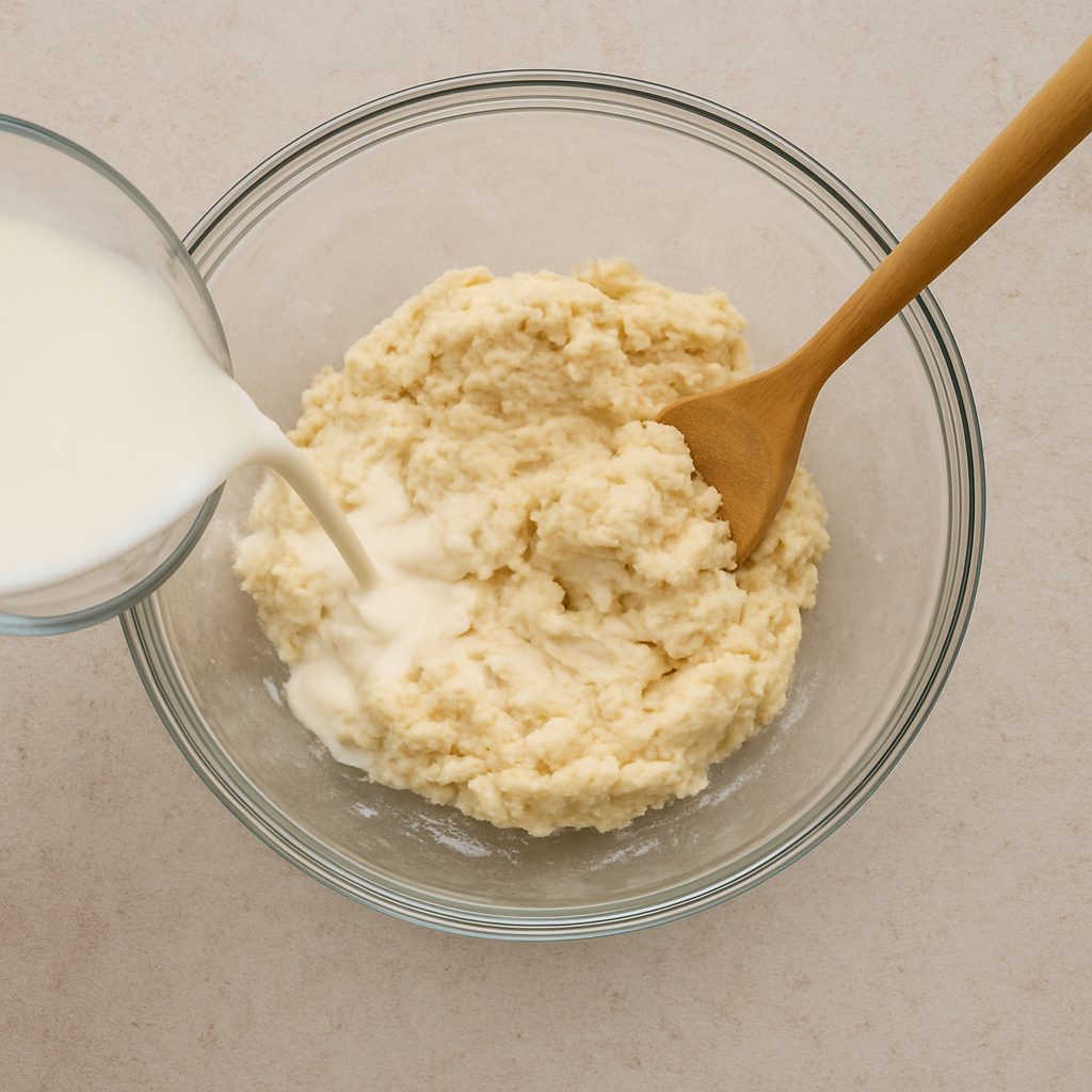 "Masa en un bol de vidrio mientras se incorpora leche y se mezcla con cuchara de madera hasta lograr una textura suave"