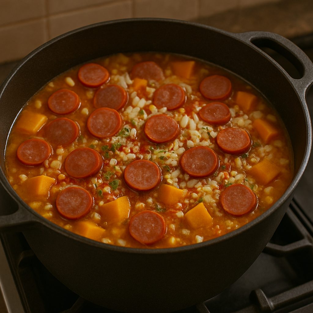 Olla con locro en cocción, mostrando rodajas de chorizo, maíz blanco, cubos de zapallo y condimentos integrándose en el guiso.
