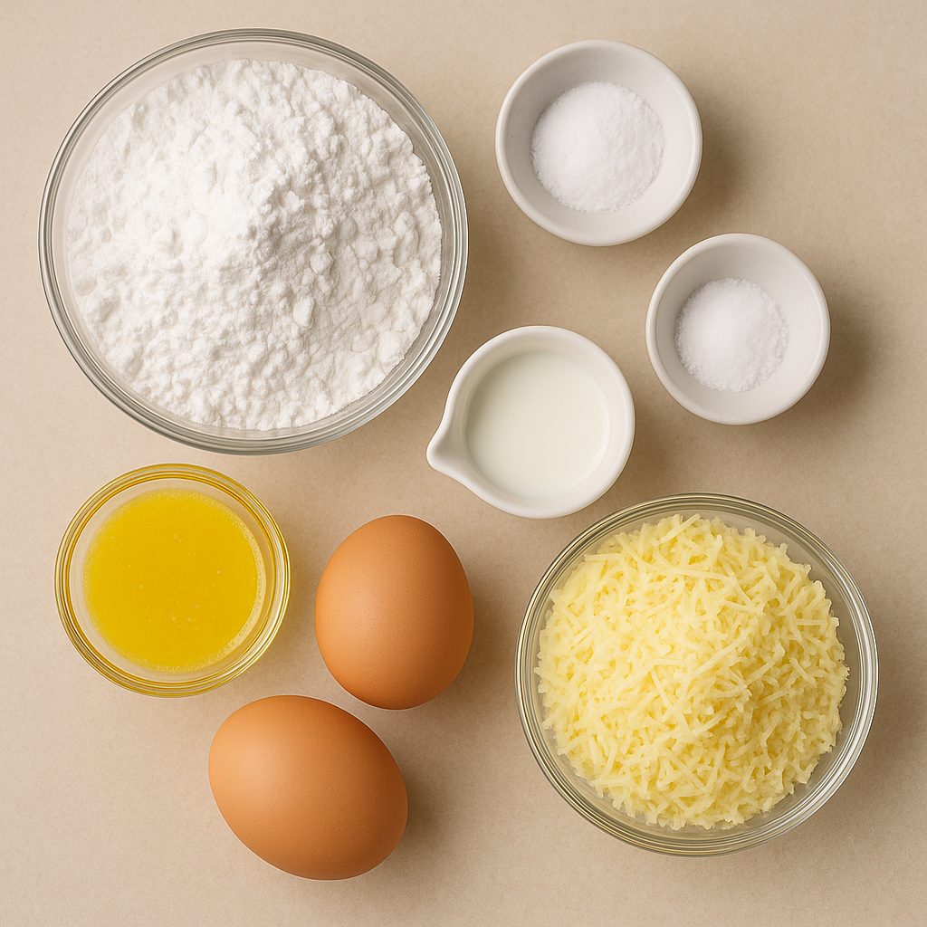 Fotografía de los ingredientes para hacer pan de queso brasileño, incluyendo fécula de mandioca, queso rallado, huevos, manteca derretida, leche, sal y levadura en polvo, dispuestos sobre una superficie clara.