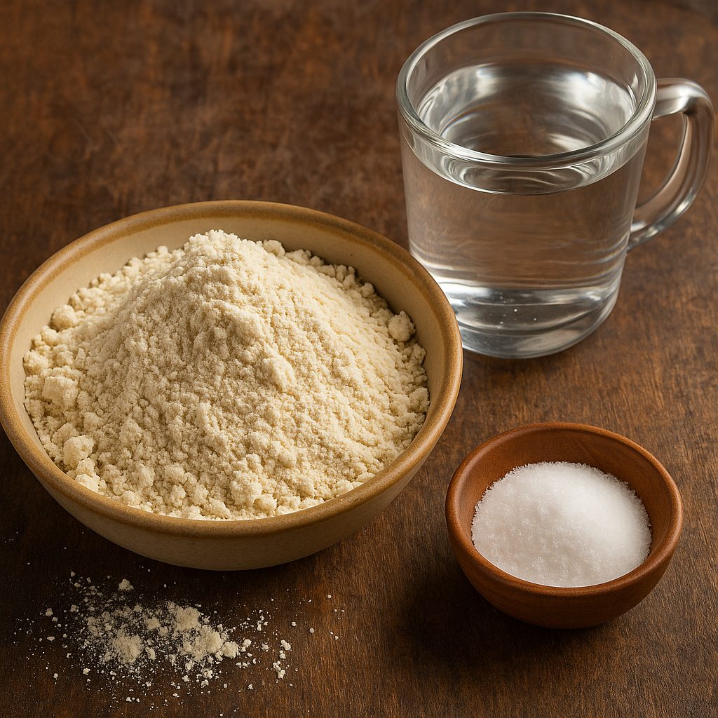 "Vista superior de los ingredientes básicos para preparar masa: harina de maíz nixtamalizado, agua tibia y sal en pequeños recipientes sobre una mesa de madera."