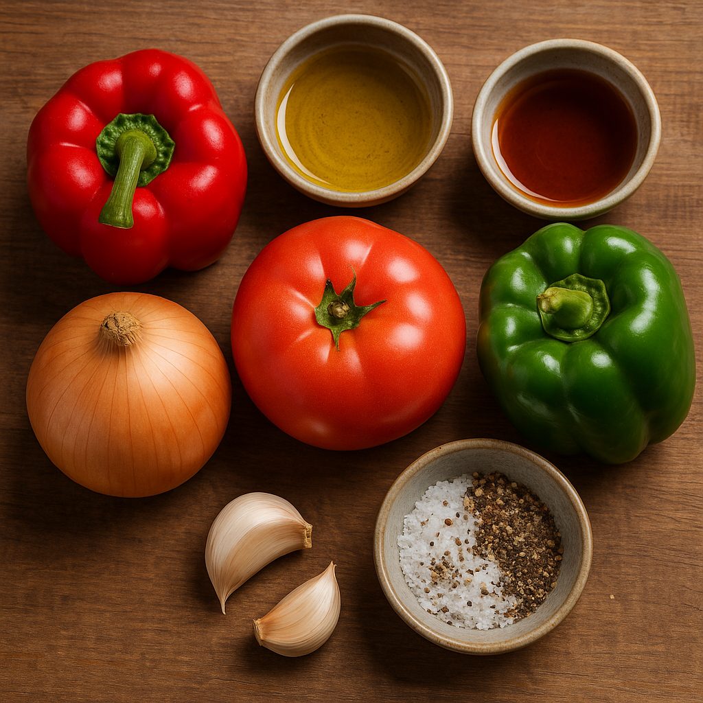 "Ingredientes frescos para preparar salsa criolla argentina: cebolla, pimientos rojo y verde, tomate, ajo, aceite de oliva, vinagre, sal y pimienta".