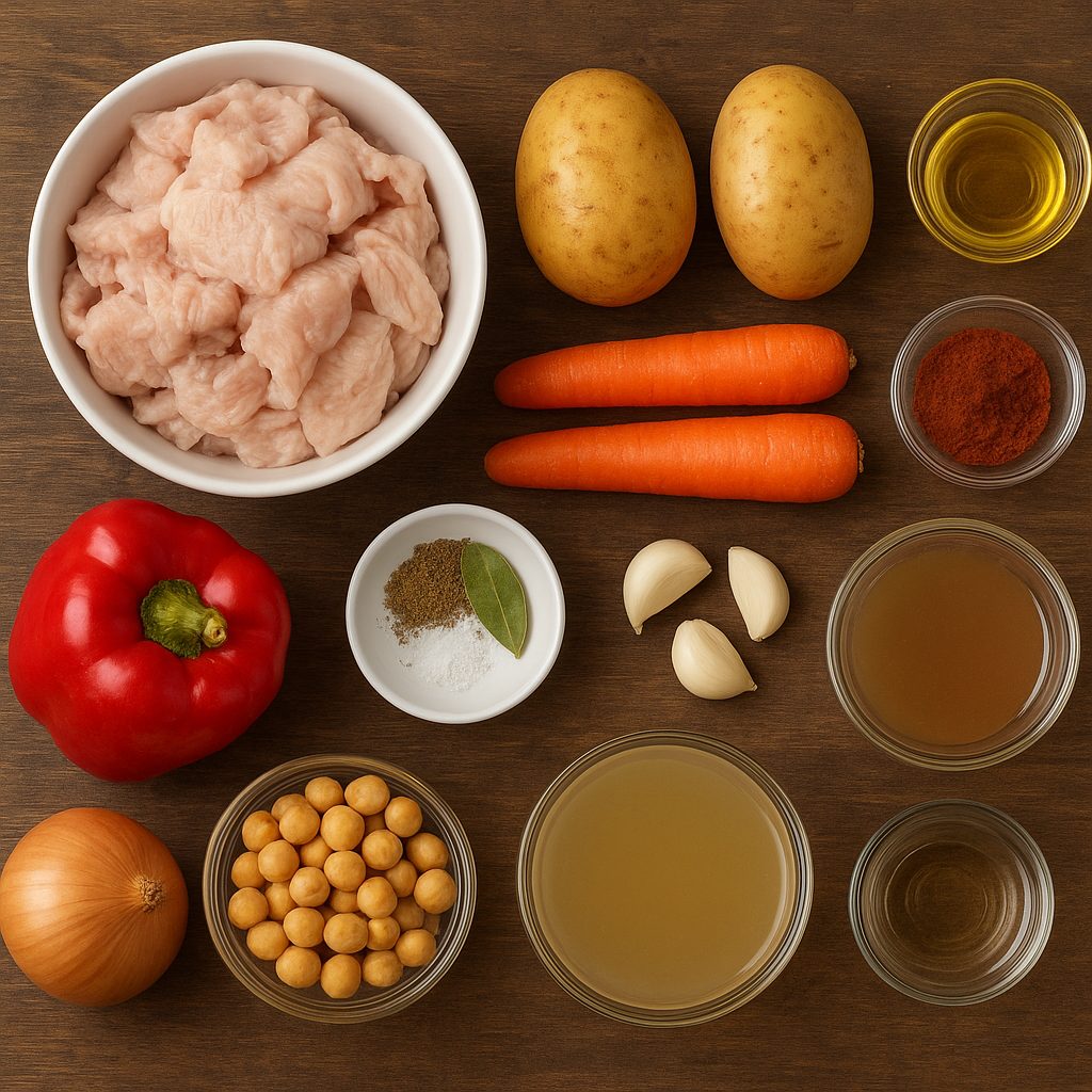 "Ingredientes frescos para preparar la buseca criolla argentina: mondongo, papas, zanahorias, garbanzos, cebolla, morrón rojo, ajo, especias y caldo de carne."