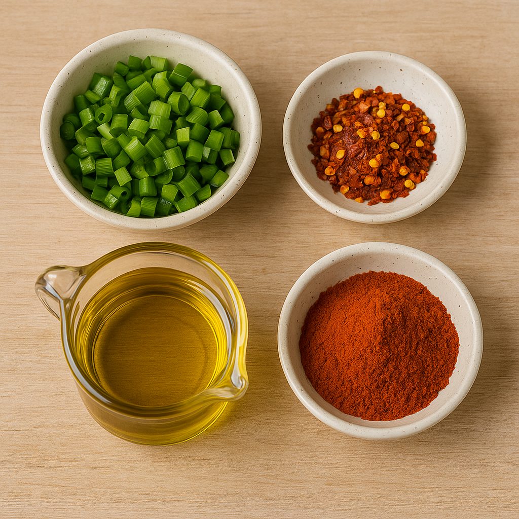 Ingredientes para la salsa picante dispuestos sobre una mesa, incluyendo cebolla de verdeo picada, ají molido, aceite y pimentón.
