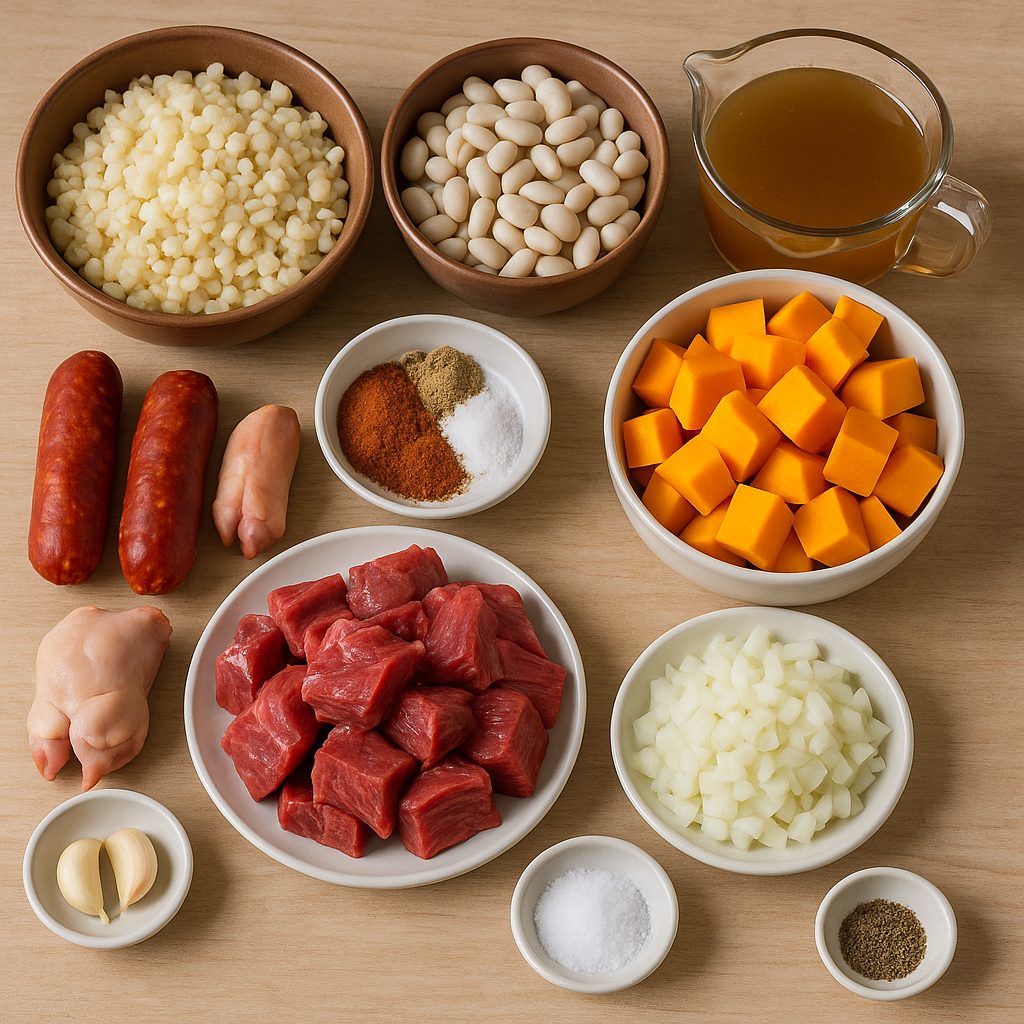  Ingredientes principales dispuestos en una mesa, incluyendo maíz blanco partido, porotos blancos, cubos de zapallo, carne de res, panceta, chorizos, patitas de cerdo, caldo, cebolla, ajo y especias.