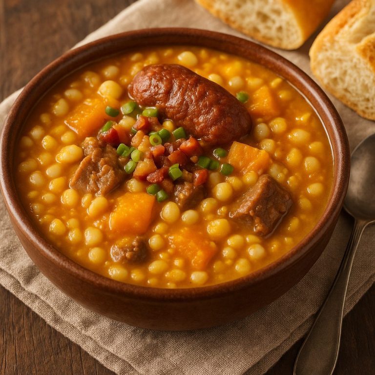 Plato hondo con locro argentino tradicional, con maíz blanco, zapallo, carne, chorizo y panceta, servido caliente y decorado con cebolla de verdeo.