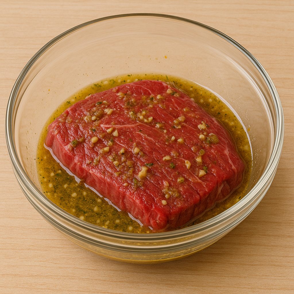 Carne de res cruda marinándose en un bol de vidrio con ajo picado, jugo de limón, aceite y especias sobre una superficie de madera clara.