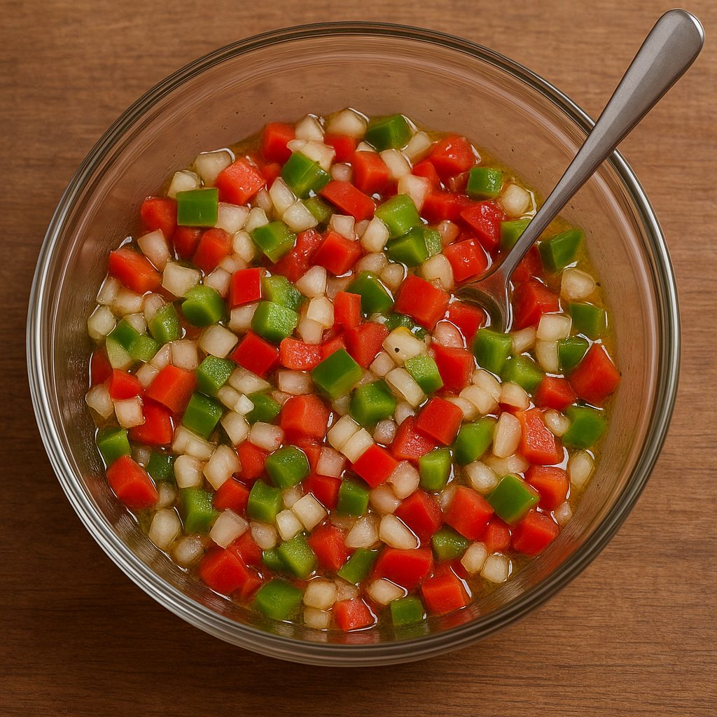 Bol de vidrio con vegetales picados y aderezo, listo para mezclar y preparar salsa criolla".