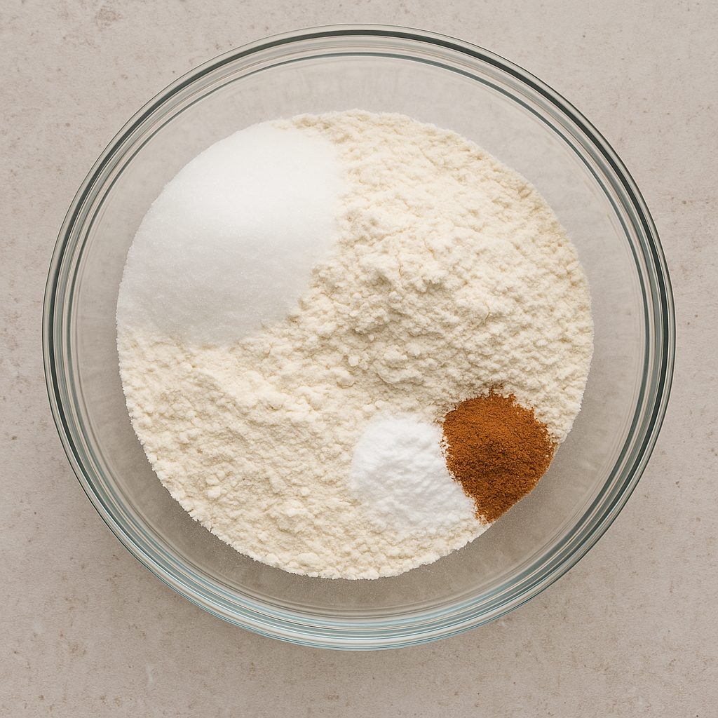 "Bol con harina, azúcar, polvos de hornear, sal y canela listos para mezclar como base de la masa"