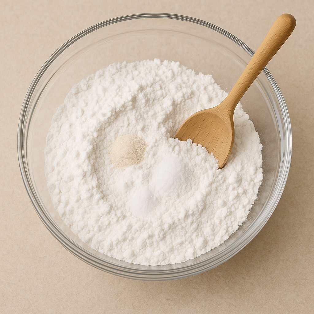 Bol de vidrio con fécula de mandioca, levadura y sal, mezclados con una cuchara de madera sobre una superficie clara.