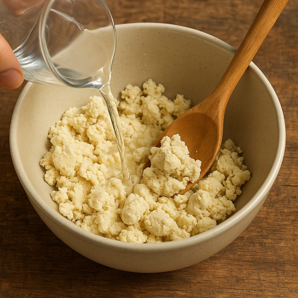 Mezcla de masa harina con agua en un bol mediano, removida con una cuchara de madera.