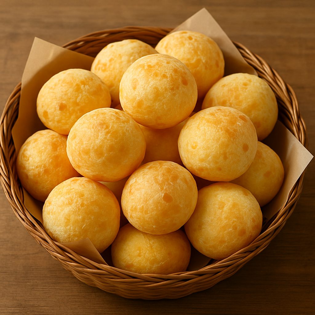 Pan de queso brasileño (pão de queijo) servido en una canasta de mimbre, con bollos dorados y esponjosos sobre papel pergamino.