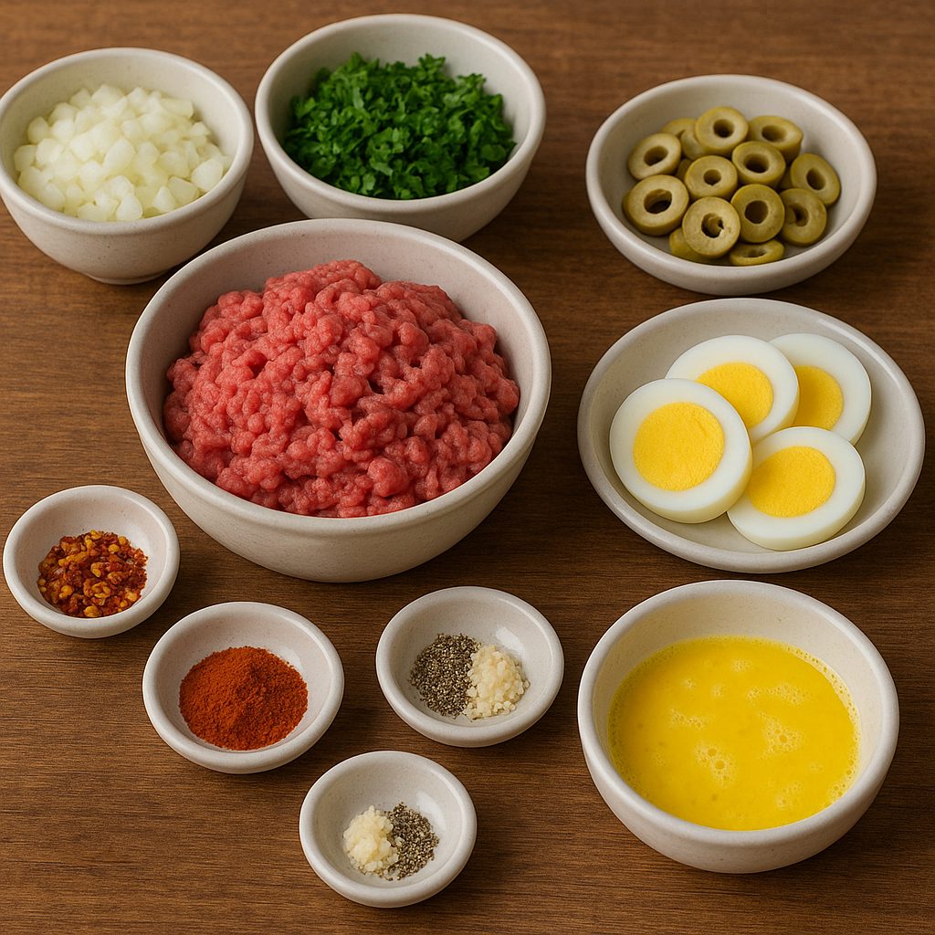 Ingredientes para el relleno del pastel de carne brasileño, incluyendo carne molida, cebolla, perejil, ajo, aceitunas verdes, huevos duros en rodajas, pimentón, copos de pimiento rojo y un huevo batido, dispuestos en pequeños recipientes sobre una superficie de madera.