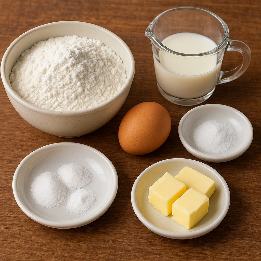 Ingredientes para preparar la masa, incluyendo harina de trigo, levadura en polvo, sal, mantequilla, huevo y leche, dispuestos sobre una superficie de madera.