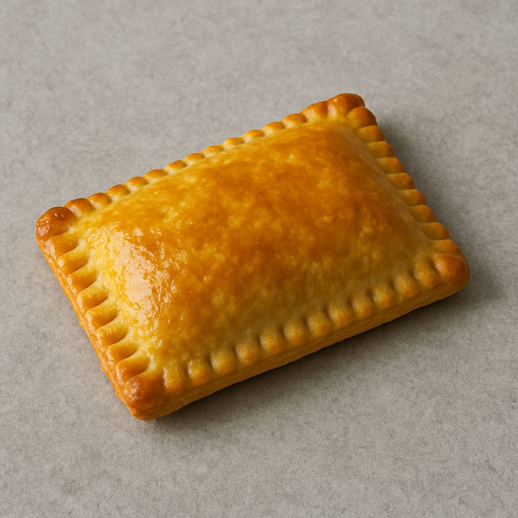 Porción de pastel de carne brasileño con relleno de carne molida, huevos duros, aceitunas negras y tomates, entre dos capas de masa dorada y crujiente.