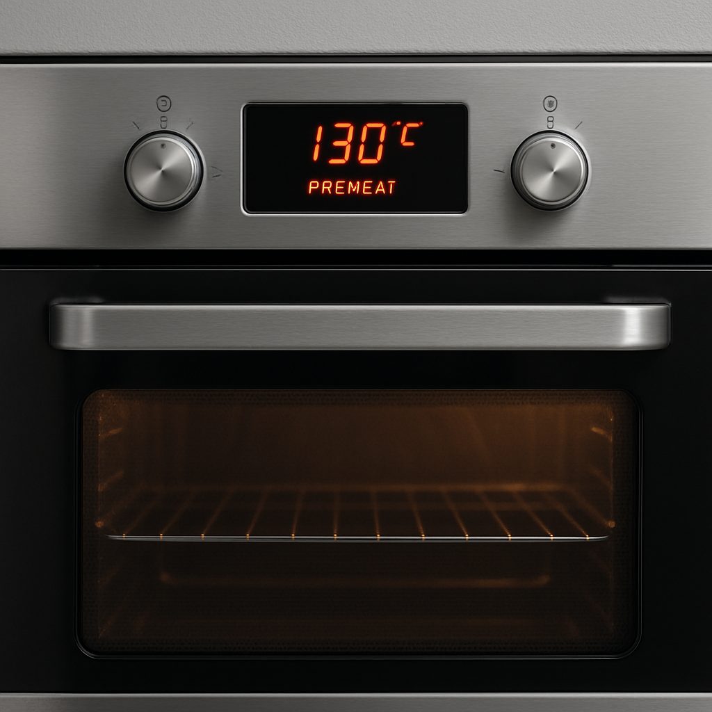 Horno de cocina encendido y precalentando a 190 °C, listo para comenzar la cocción.