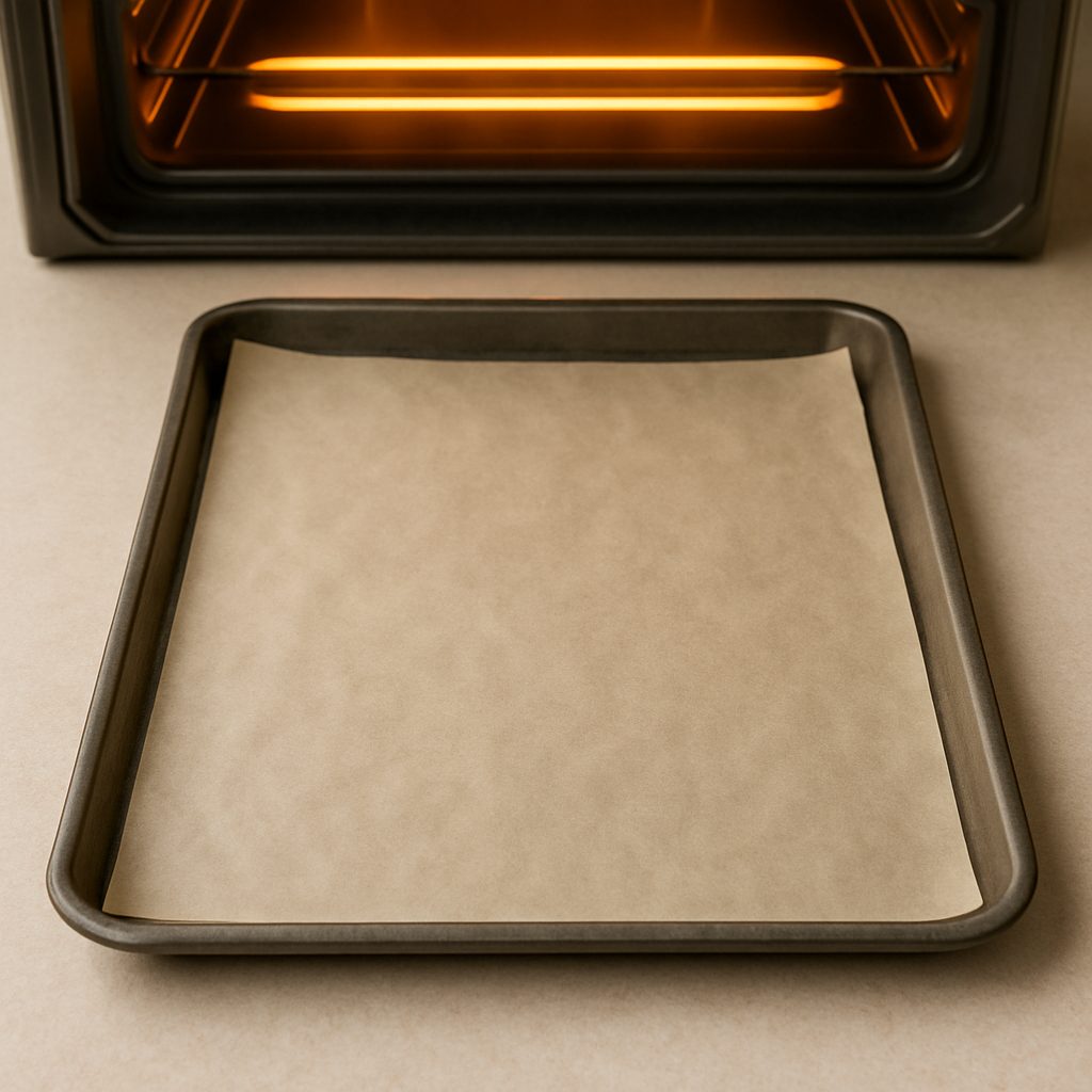Bandeja para hornear cubierta con papel manteca frente a un horno encendido y precalentado a 190 °C, lista para comenzar la cocción