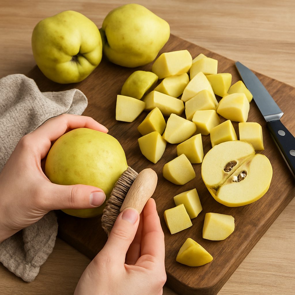 "Trozos de membrillo frescos listos para cocción, lavados y preparados para hacer dulce casero."