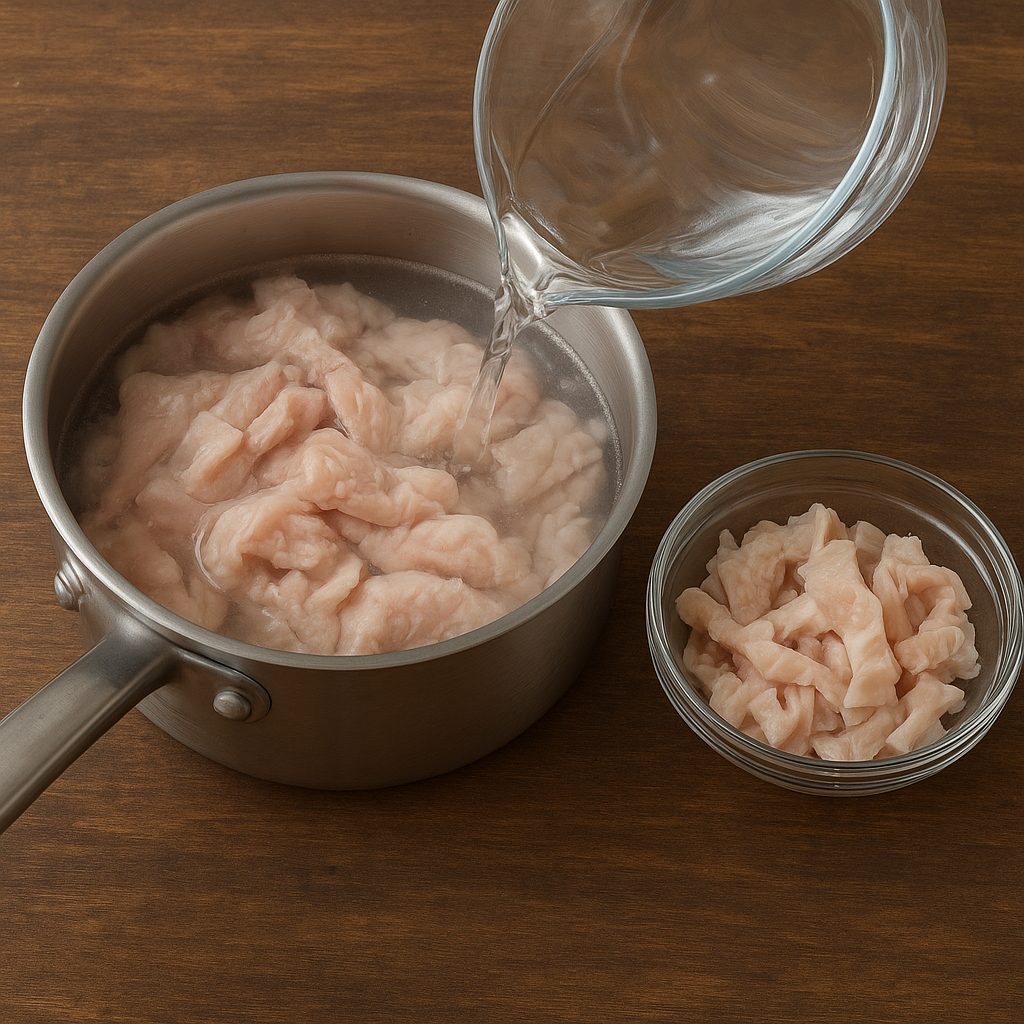 "Mondongo crudo siendo hervido en una olla con agua para limpiarlo y ablandarlo, paso inicial de la receta de buseca criolla."