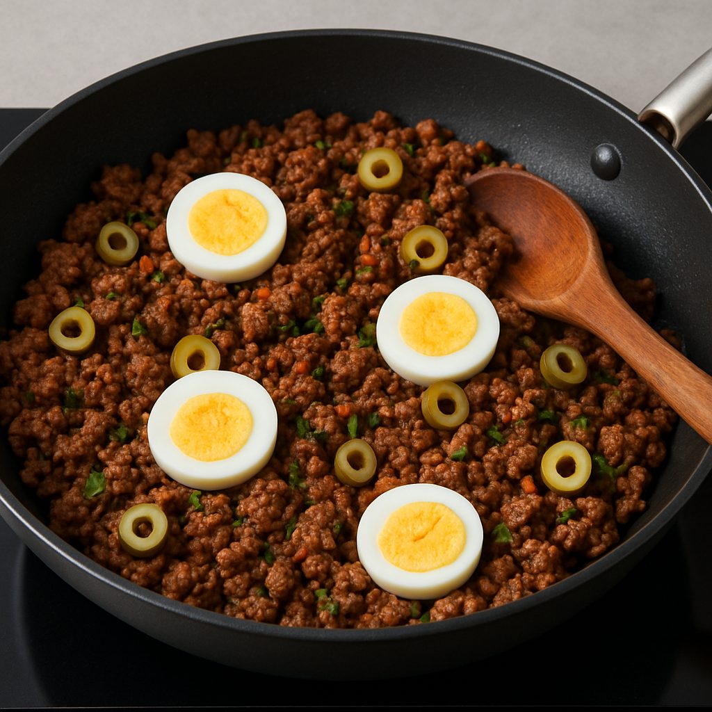 Sartén con carne picada cocida, rodajas de huevo duro y aceitunas verdes, lista para rellenar pasteles.