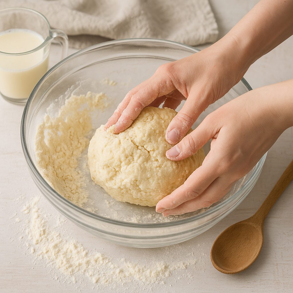 "Manos amasando una masa en un bol de vidrio sobre una mesa enharinada, con cuchara de madera y taza de leche al costado."