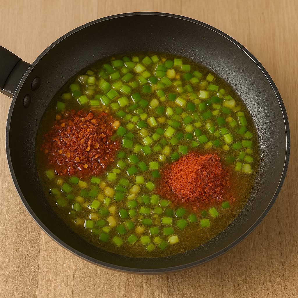 Sartén con aceite caliente, cebolla de verdeo picada, ají molido y pimentón sofriéndose para preparar la salsa picante.