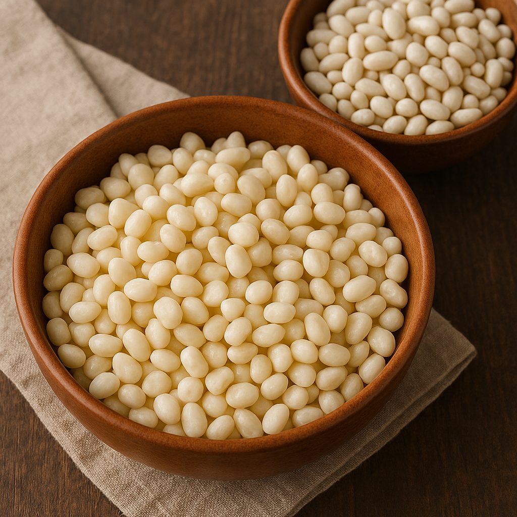Dos bowls de madera con maíz blanco y porotos blancos en remojo, listos para cocinar locro argentino.