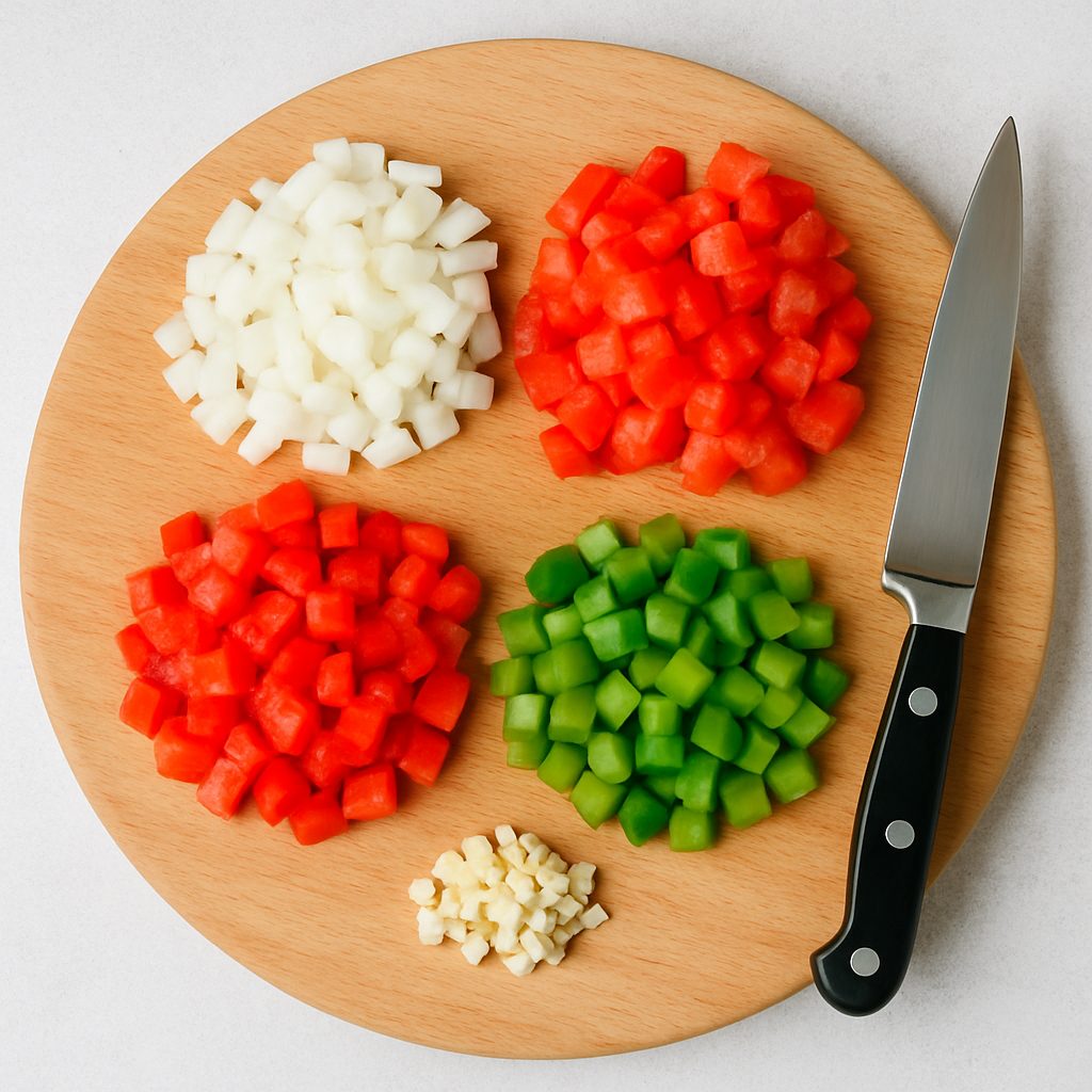 Vegetales frescos picados sobre una tabla de madera: cebolla, tomate, pimiento rojo, pimiento verde y ajo, listos para preparar salsa criolla.