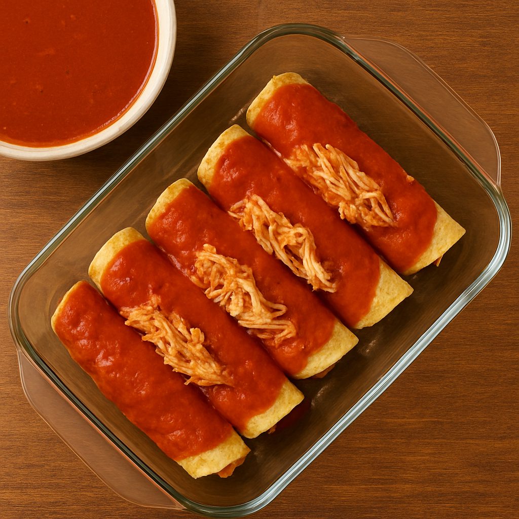 "Tortillas de maíz rellenas de pollo desmenuzado bañadas con salsa roja en un refractario"