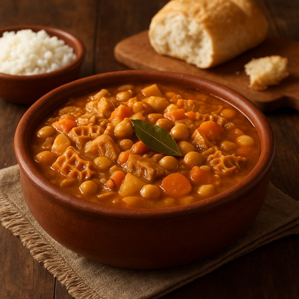 "Buseca criolla servida en un cuenco de barro, acompañada de pan casero y arroz blanco, lista para disfrutar bien caliente."