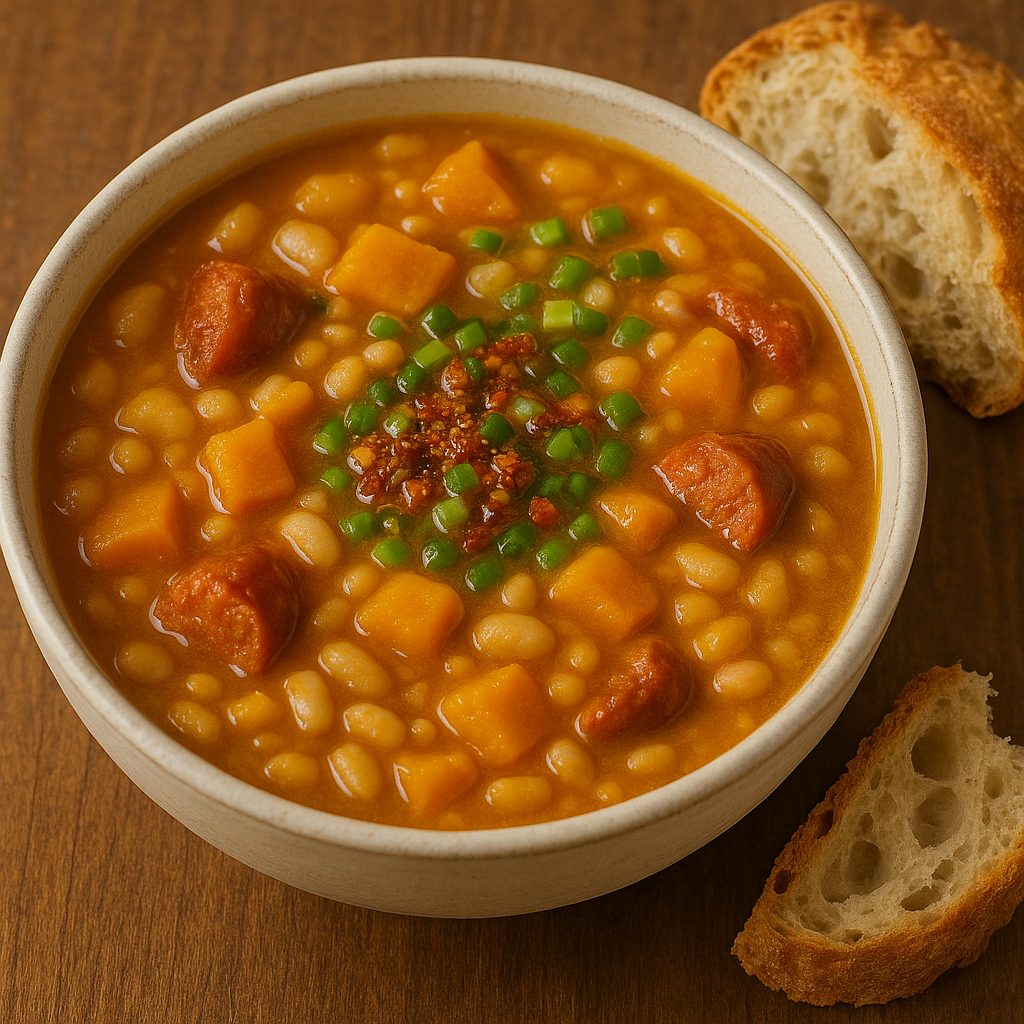 Plato hondo con locro espeso, acompañado de salsa picante y pan casero, listo para servir y disfrutar caliente.