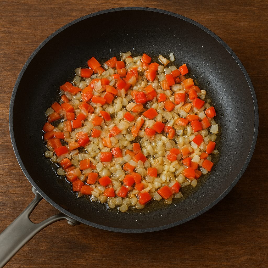 "Cebolla, morrón rojo y ajo picados sofriéndose en una sartén con aceite hasta dorarse y desprender su aroma."