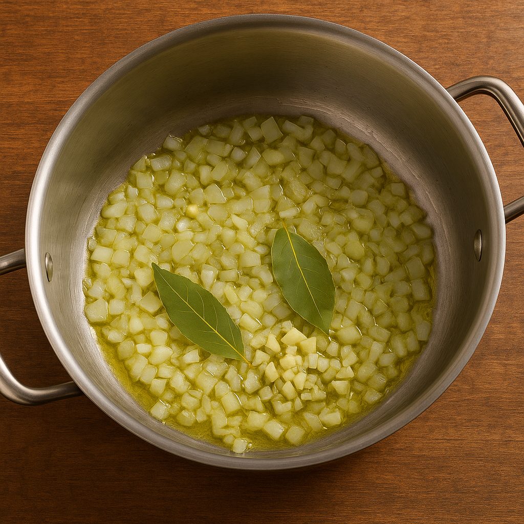 "Cebolla, ajo y hojas de laurel sofriéndose en aceite de oliva dentro de una olla."