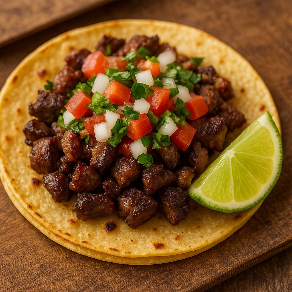 Taco de carne asada servido en tortilla de maíz, acompañado con trozos de tomate, cebolla, cilantro fresco y una rodaja de lima.