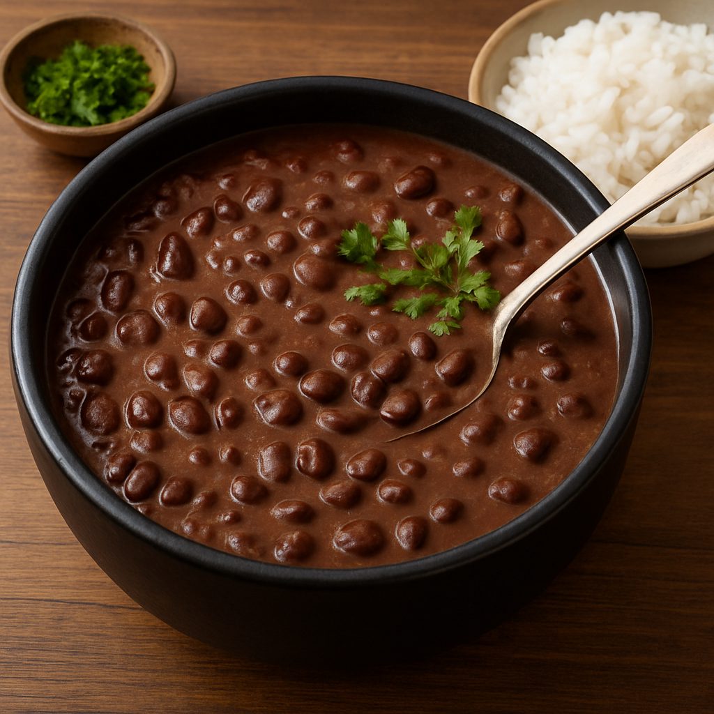 "Frijoles listos reposando en la olla después de cocinar, con la salsa cremosa y hojas de laurel retiradas."